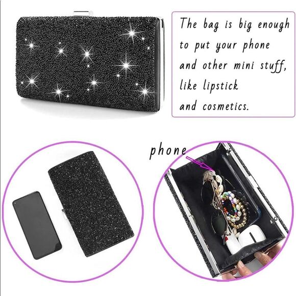 Black Crystal Purse with Crystals on Front and Back & silver detachable chain - Picture 5 of 5